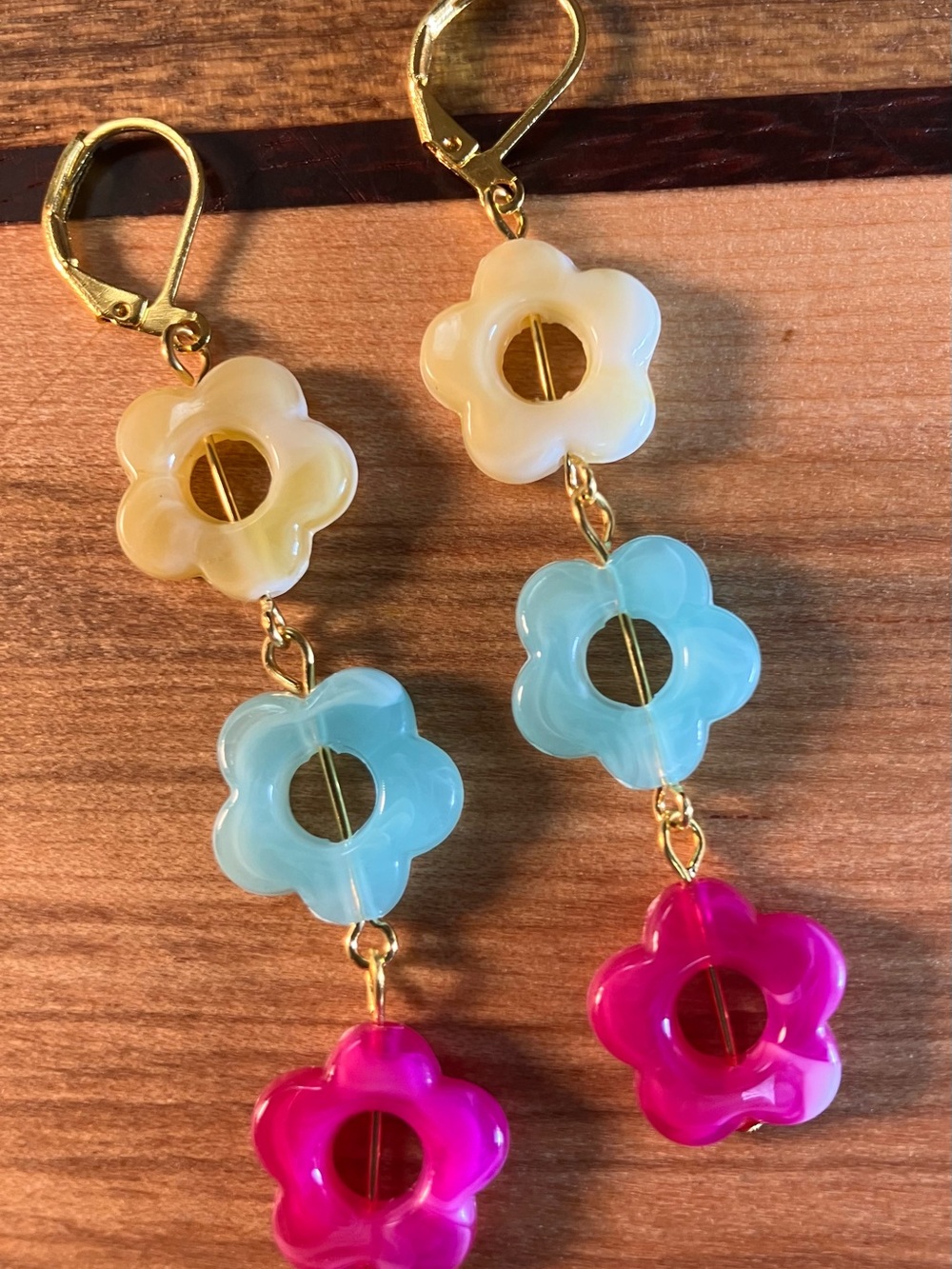 Colorful Flower Drop Earrings – Pink, Blue & Cream